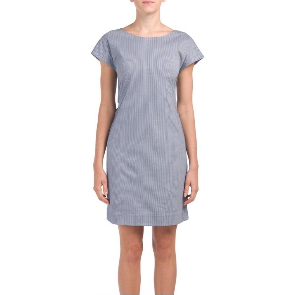 Theory Andrizza Blue White Striped Seersucker Twist Back Dress Cutout 6
